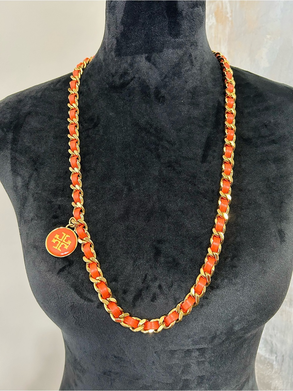 Tory Burch Orange Leather-Woven Gold Chain Necklace with Logo Charm